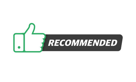 Green vector illustration banner RECOMMENDED with thumbs up on white background. Vectorのイラスト素材