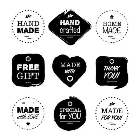 Big collection of vector black tags and badges with words and phrases of different design on white background. Hand made. Vectorのイラスト素材