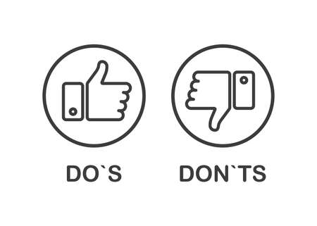 Like linear black icons on white background. Do`s and Don`ts. Thumbs up and thumbs down. Vectorのイラスト素材