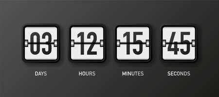 Countdown clock. Mechanical white scoreboard isolated on black background. Days, hours, minutes and...