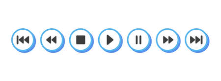 Play Pause Stop 3D blue button icon, black signs, musical geometric silhouette isolated on white...