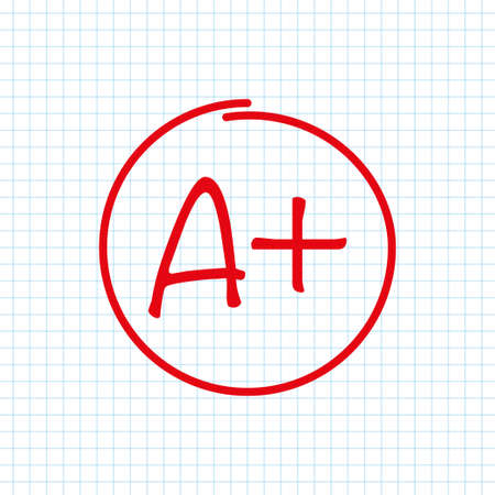 Hand drawn vector red grades A circle with pluse on a sheet in a cage. Vectorのイラスト素材