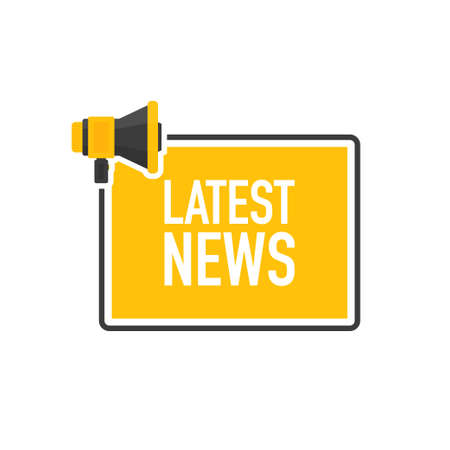 Megaphone geometric yellow banner with latest news speech bubble. Flat style. Vector.のイラスト素材