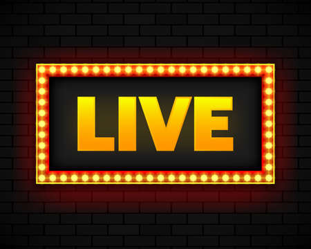 Blank lightbox on brick wall background. Text on the banner Live. Illuminated lightbox screen. Vector illustration.のイラスト素材