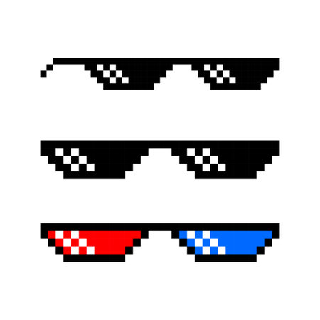 Pixel 8 bit sunglasses icon. Isolated object on white background. Emotion sign. Vector illustration.のイラスト素材