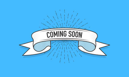 Ribbon with the inscription Coming Soon. Old vintage ribbon banner in engraving style and light rays on the blue background. Hand drawing. Vector illustration.のイラスト素材