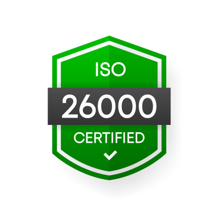 ISO 26000 Certified green vector banner. Flat certification label isolated on white background. Food safety concept. Vector illustration.のイラスト素材