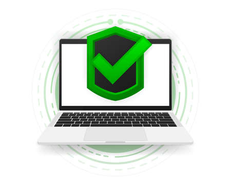 Quality Assurance and certification. Compliance to international standards and regulations on computer. Certified Shield Security Badge Approved Icon. Vector illustration.のイラスト素材