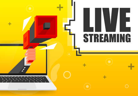 Live Streaming banner template. Marketing flyer with megaphone. Isometric and pixel style. Template for retail promotion and announcement. Vector illustration.のイラスト素材