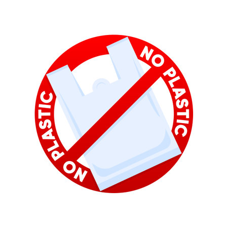 Say No Plastic bag poster. Prohibition sign of disposable cellophane and polythene bag. The campaign to reduce the use of plastic bags to put. Pollution problem concept. Vector illustration.のイラスト素材