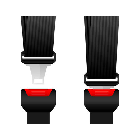 Safety Seat Belt. Open and closed seat belt. Realistic travel belt. Concept of car passenger security or aircraft driver protection. Vector illustration.のイラスト素材