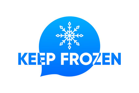 Keep Frozen Product. Food package label. Fresh frozen product, snowflake badge. Keep Frozen concept. Storage in refrigerator and freezer. Vector illustration.のイラスト素材
