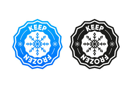 Keep Frozen Product. Food package label. Fresh frozen product, snowflake badge. Keep Frozen concept. Storage in refrigerator and freezer. Vector illustration.のイラスト素材