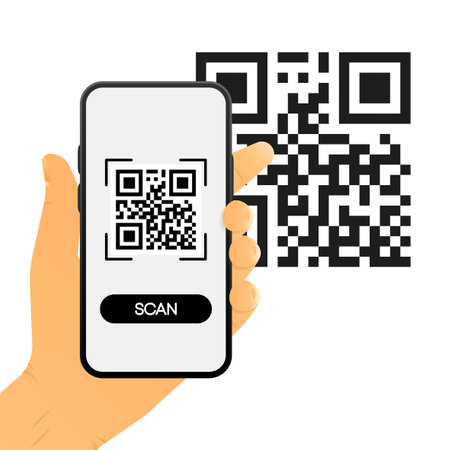 Scan QR code on mobile phone. Electronic, digital technology, barcode. Qr code for payment. Mobile phone scanning QR-code. Verification concept. Vector illustration.のイラスト素材