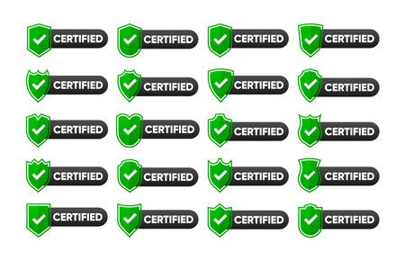 Certified badge, stamp, seal big collection. Green seal of origin and quality. Certify flat shield with check mark. Vector illustration.のイラスト素材