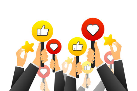 Businessmans Feedback concept. Hands vote, likes and dislikes, hearts and feedback. Social media votes, positive and negative signs. Vector illustration.のイラスト素材