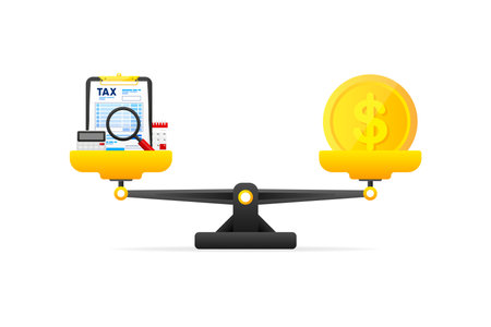 Tax or Money scale. Business concept. Tax scale. Tax burden concept. Debt, fee, crisis and bankruptcy. Vector illustration.のイラスト素材