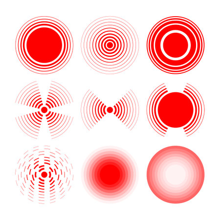 Pain red Circles collection. Pain localization sign and pointings. Red rings. Symbols for medical. Rings of pain to indicate localization of pain in different parts of the human body. Vector.のイラスト素材
