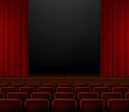 Dark realistic Theater stage with red curtains and spotlight in the center. Template for banner. Theater interior empty wooden stage, luxurious velvet curtains and light beam. Vector illustration.のイラスト素材