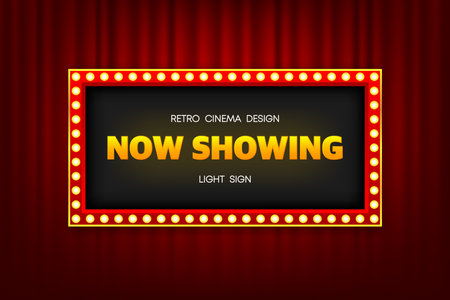 Now Showing in Retro lightbox with light bulbs on a silky luxury curtain stage. Vintage theater signboard mockup. Red commercial announcement banner. Vector illustration.のイラスト素材