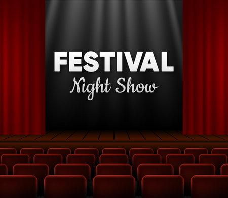 Festival Night Show concept. Dark realistic Theater stage with red curtains and spotlight in the center. Template for banner. Theater interior empty stage. Vector illustration.のイラスト素材