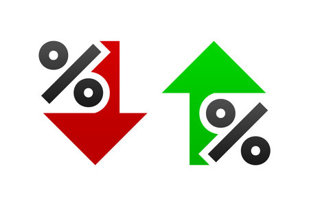 Percentage Arrow with Percent sign. Percentage arrow up and down icons. Concept for banking, credit, interest rate, finance and money sphere. Vector illustration.のイラスト素材
