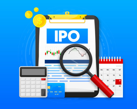 IPO concept. IPO is Initial Public Offering. Company go public in stock market. Investment new stock, businessman, trader, trading stock on IPO. Vector illustration.のイラスト素材