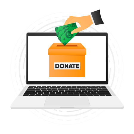People throw money cash online into the donation box. Cash in hand. Donation box. Financial support. Vector illustration.のイラスト素材