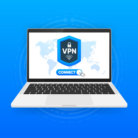 Using VPN on device. Protecting personal data with VPN service. Private network, cyber security, secure web traffic, data protection. Vector illustration.のイラスト素材