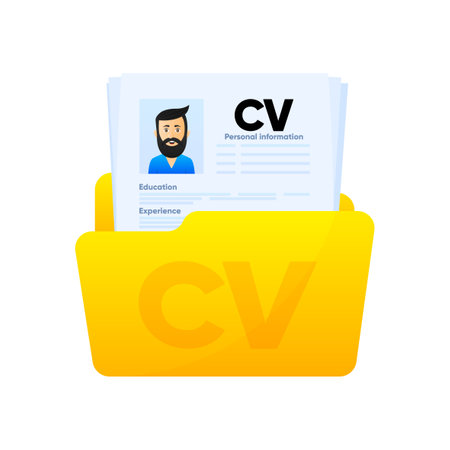 Resume. CV file in folder. We are hiring. Search for professional staff. Analysis of staff resumes. Job interview, recruitment agency. Personnel selection. The concept of employment.のイラスト素材