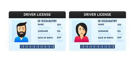 Drivers license of a woman and a man. Flat design template for vehicle driving license. Vector illustration.のイラスト素材
