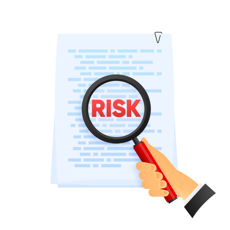 Risk Word Magnifying Glass on document on white background. Risk Management icon. Vector illustration.のイラスト素材