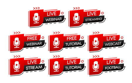 Free and live webinar play online button collection. Free webinar, stream and tutorial Icons. Red play button. Vector illustration.のイラスト素材