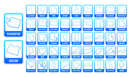 Collection States of the USA of America. Maps of the divided states. Silhouette states on a white background. Vector illustration.のイラスト素材