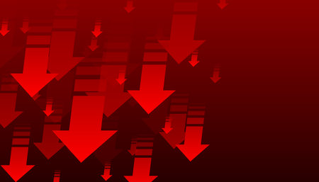 Down trend with arrows on dark red background. Stock exchange concept. Profit or loss of the trader. Downtrend abstract concept. A group of digital red arrows pointing. Vector illustration.のイラスト素材
