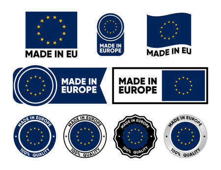 Made in Europe label collection. Set of flat isolated stamp made in EU. 100 percent quality. Quality assurance concept. Vector illustration.のイラスト素材