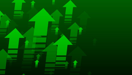 Up trend with arrows on dark green background. Stock exchange concept. Profit or loss of the trader. Uptrend abstract concept. A group of digital green arrows pointing. Vector illustration.のイラスト素材