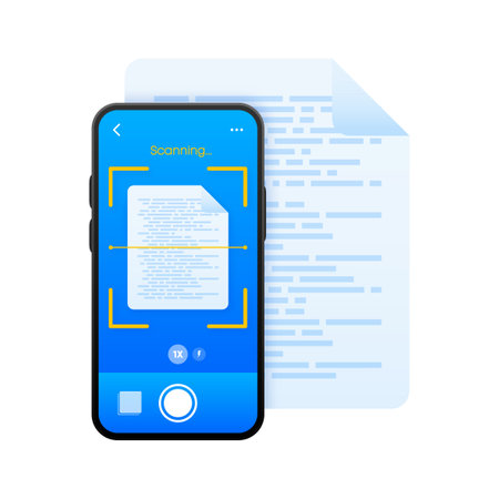 Document scanner in smartphone. Phone interface template. Digital scanner. Scanning text. Mobile app page design layout. Vector illustration.のイラスト素材