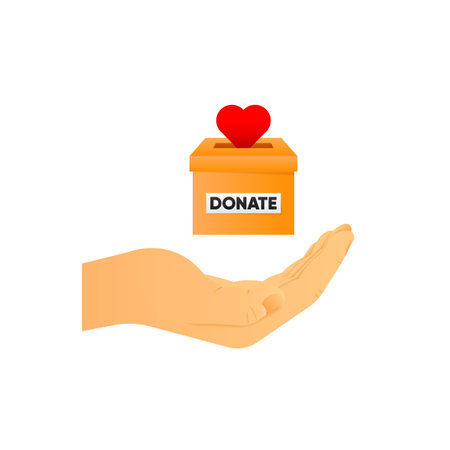 Donation with hands putting hearts into donation box. Box for donation and charity. Collecting blood for those in need. Vector illustration.のイラスト素材