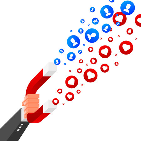 Magnet attracting Followers and Likes. Social media concept. The impact of a marketing or advertising campaign. Customer retention strategy for Business and Advertising. Vector illustration.のイラスト素材