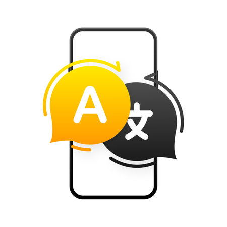 Icon for Translator App. Chat bubbles with language translation icon in smartphone. Multilingual online translator. Translation app icon. Online translator. Vector illustration.のイラスト素材