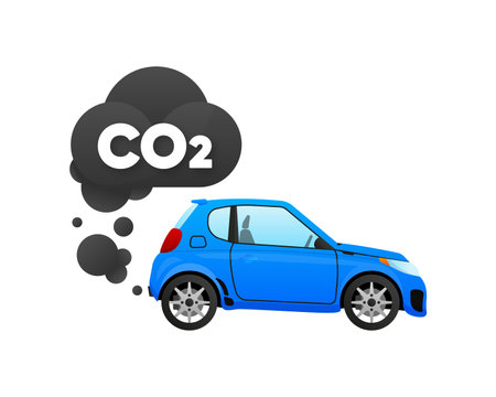 CO2 emissions, carbon dioxide emits, smog pollution, smoke pollutant. The car emits carbon dioxide, polluting the environment. Vector illustration.のイラスト素材