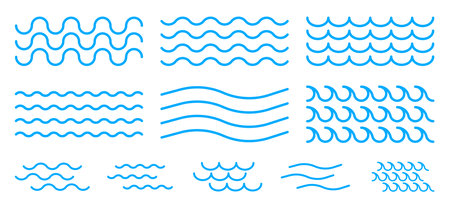 Sea water waves. Collection of linear waves of different style and size. Vector illustration.のイラスト素材