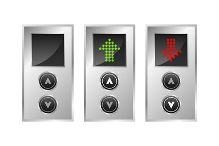 Press the elevator button. Lift buttons isolated on white background. Call elevator. Up and down arrow. Rise to the top or down floor. Vector illustration.のイラスト素材