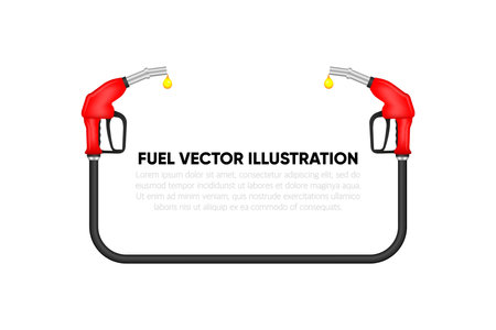 Red Fuel banner injector for gasoline, diesel fuel, gas isolated on white background. Oil fuel pump template. Pump nozzle, oil dripping. Vector illustration.のイラスト素材