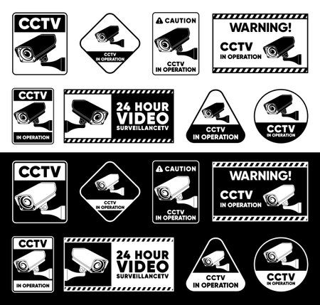 Fixed CCTV. Collection of signs CCTV. Simple video surveillance. Closed Circuit Television. Security Camera concept. Vector illustration.のイラスト素材