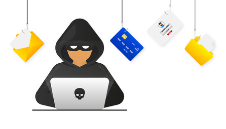 Hacker, Cyber criminal with laptop stealing user personal data. Hacker attack and web security. Internet phishing. Cyber security concept. Vector illustration.のイラスト素材