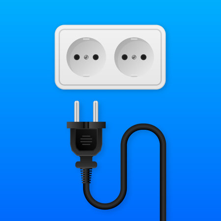 Electrical Plug and Socket. The concept of connection. Connection in socket. Black electrical plug. Wire, cable power outage. Vector illustration.のイラスト素材