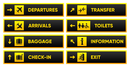 Airport sign departure arrival travel icon. Airport board airline sign, gate flight information. Various signs for airport visitors. Airport infrastructure. Vector illustration.のイラスト素材