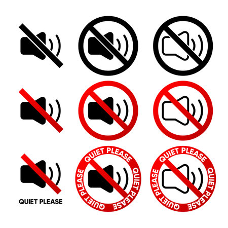 Quiet please. Noise prohibition signs collection. Please make silence. Turn off the sound on your phone. You cant listen to music. Request for silence. Vector illustration.のイラスト素材